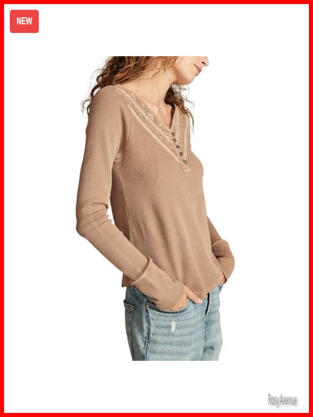 Embroidered Mesh Yoke Henley Top Long Sleeve V-Neck Casual - Picture 2 of 5